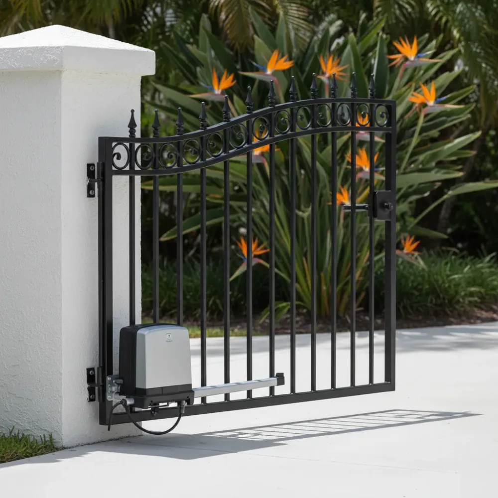 Fully repaired black wrought-iron swing gate stands open on a clean concrete driveway beside a stucco pillar in Florida.