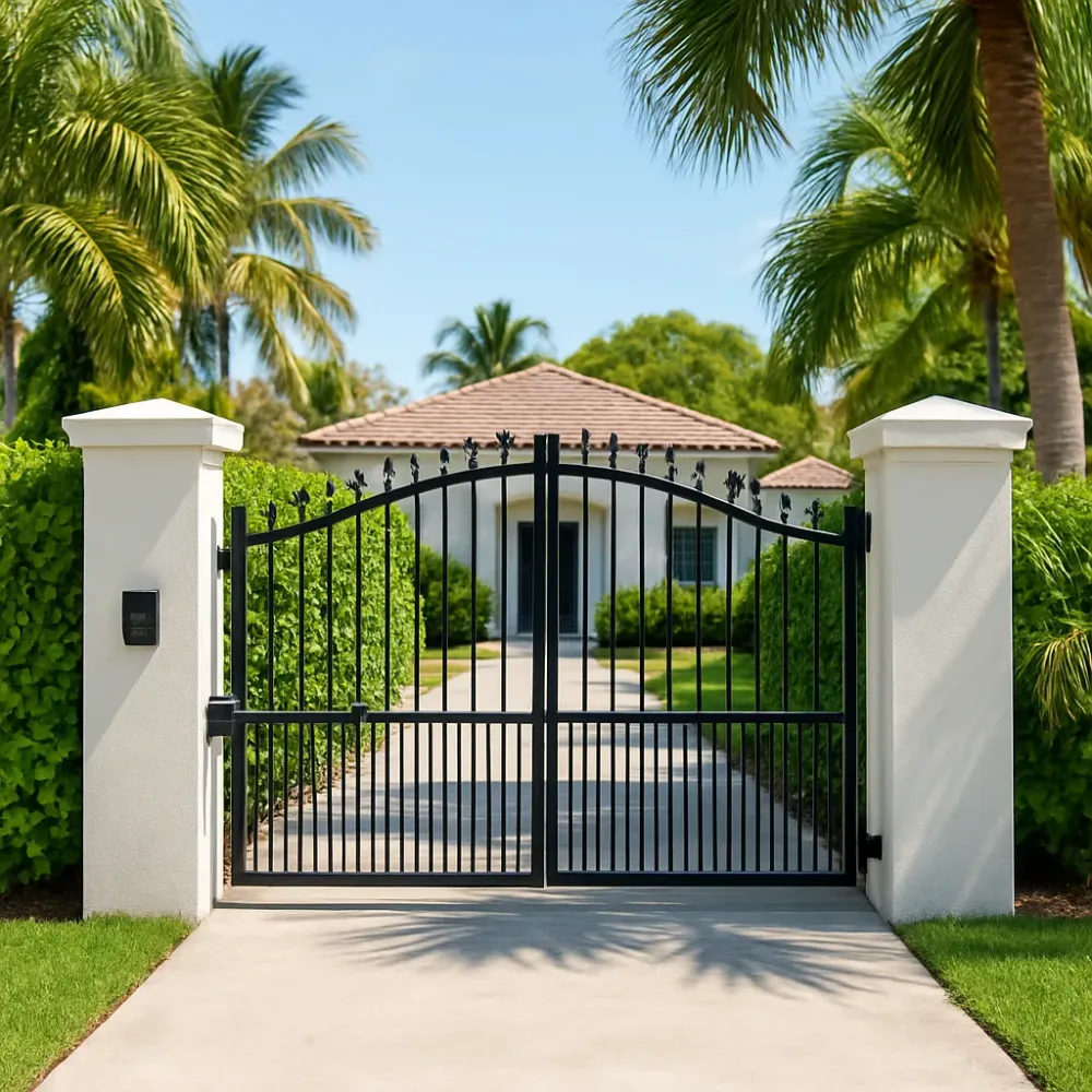 Powder-coated swing driveway gate between white stucco pillars at a South Florida residential property.