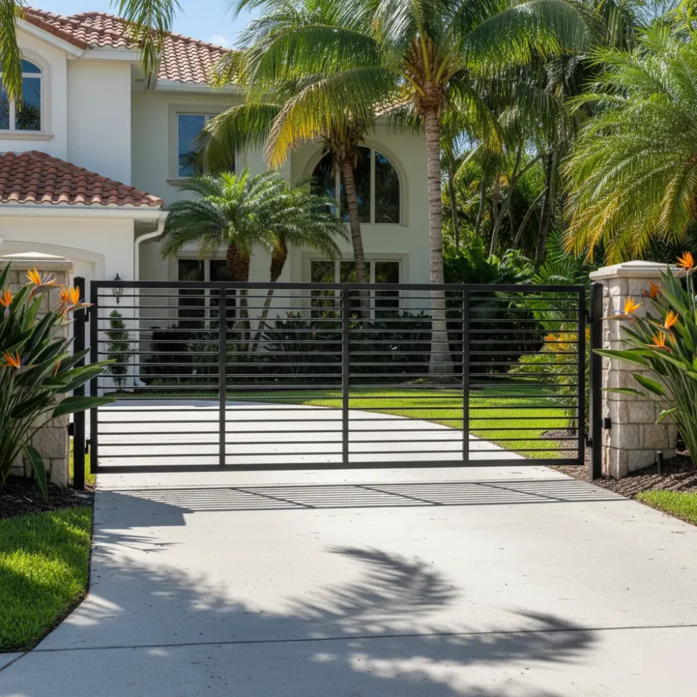 Restored black wrought iron driveway gate stands closed in front of a well-kept Hallandale Beach home with tropical