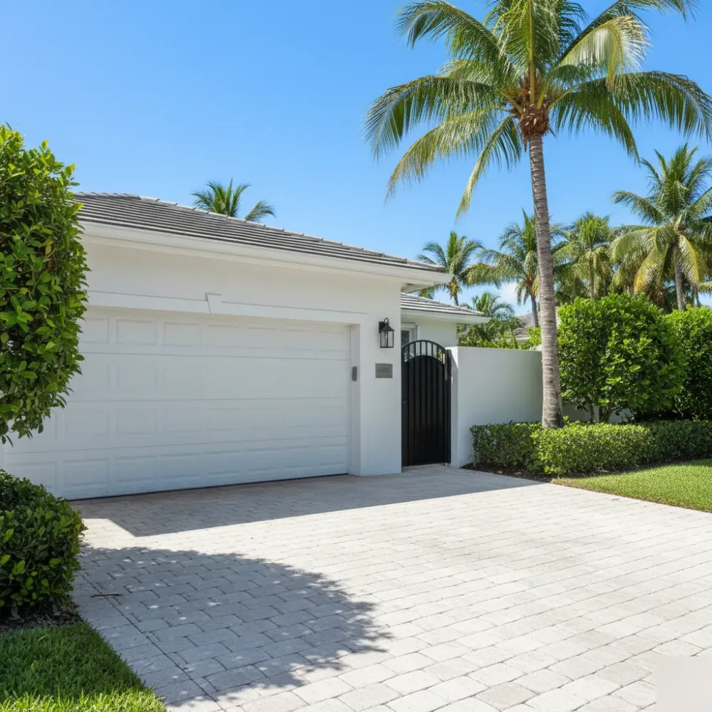 Hallandale Beach home exterior with a hurricane-impact garage door and closed automatic driveway gate in bright sunlight.