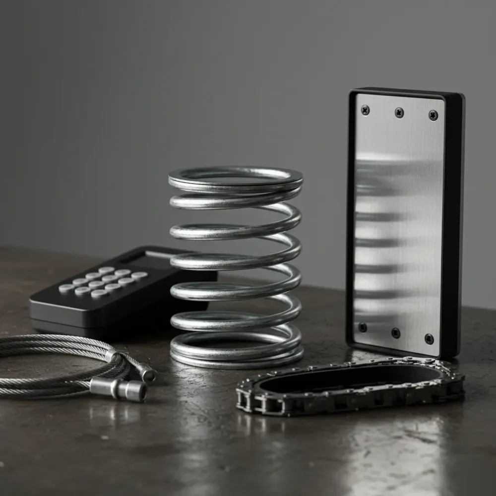 Gate hardware, torsion springs, steel cables, and access control components arranged on a metal workbench.
