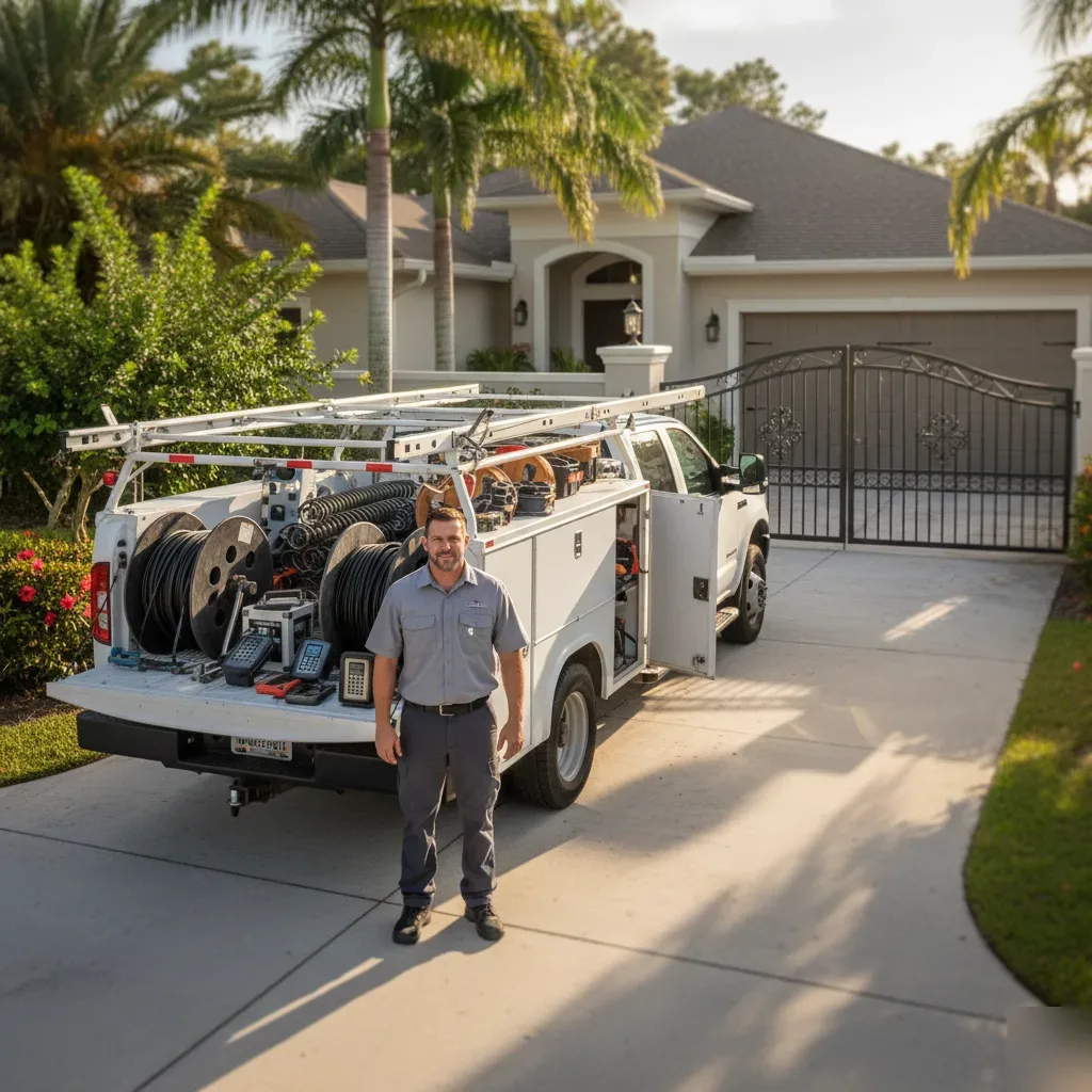 Technician stands beside a loaded service truck outside a gated residential property in Hallandale Beach.
