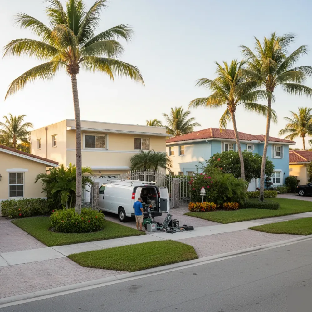 Service van parked in a Hallandale Beach driveway as a technician unloads gate equipment beside an ornamental iron gate.