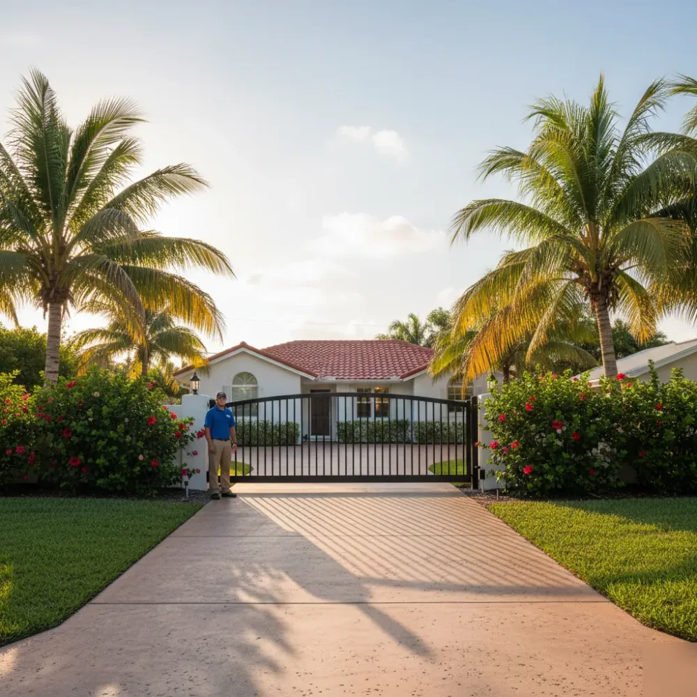 Gate installer stands beside a newly installed black steel sliding gate at a stucco Florida home surrounded by tropical