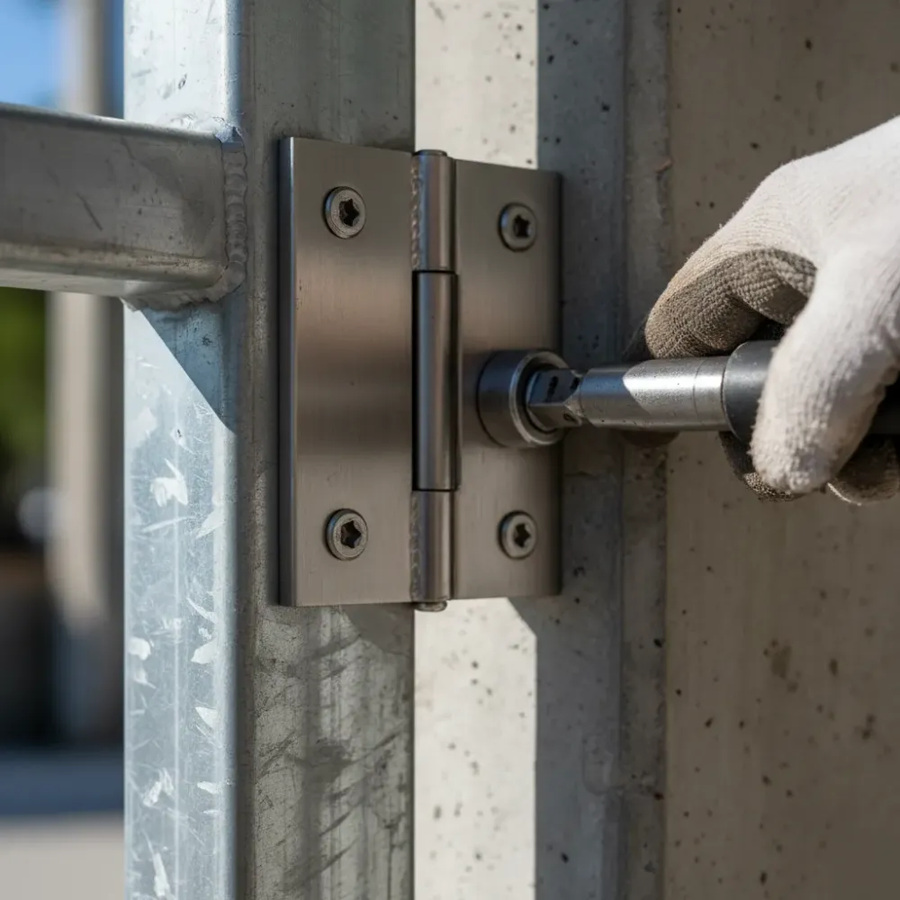 swing-gate-hinge-bolt-torque-stainless-steel-hallandale-beach Gloved hand torques a stainless steel hinge bolt onto a square tubular steel swing gate frame during installation.