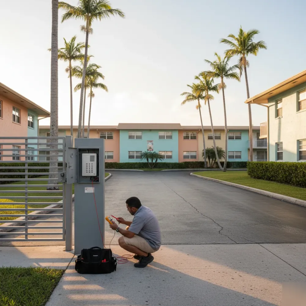 Technician testing a telephone entry system at the entrance of a stucco condominium building in Hallandale Beach.