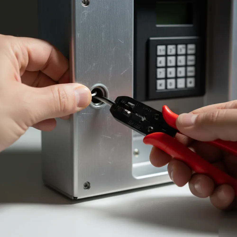 Close-up of hands threading wiring through an aluminum telephone entry system housing during installation.