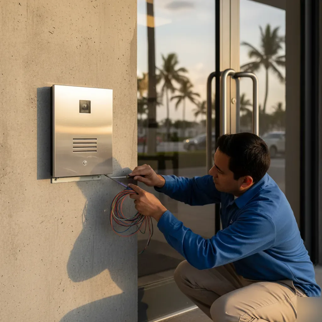 Technician mounts a stainless steel video intercom panel beside a condominium entrance door in Hallandale Beach.