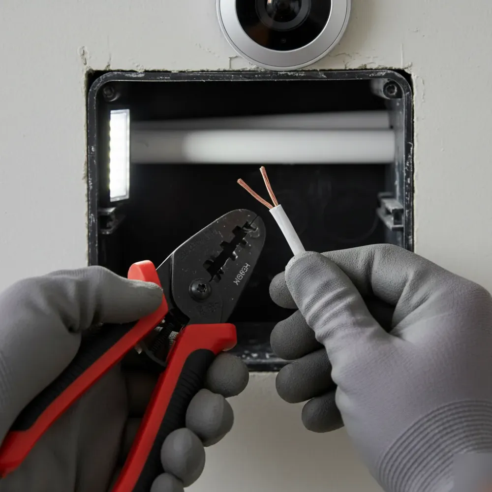 Hands using a wire stripper on low-voltage cable inside a wall cavity behind a video intercom panel.