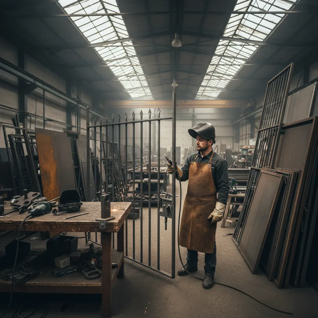 Welder standing in a workshop surrounded by steel gate frames and iron components in Hallandale Beach.