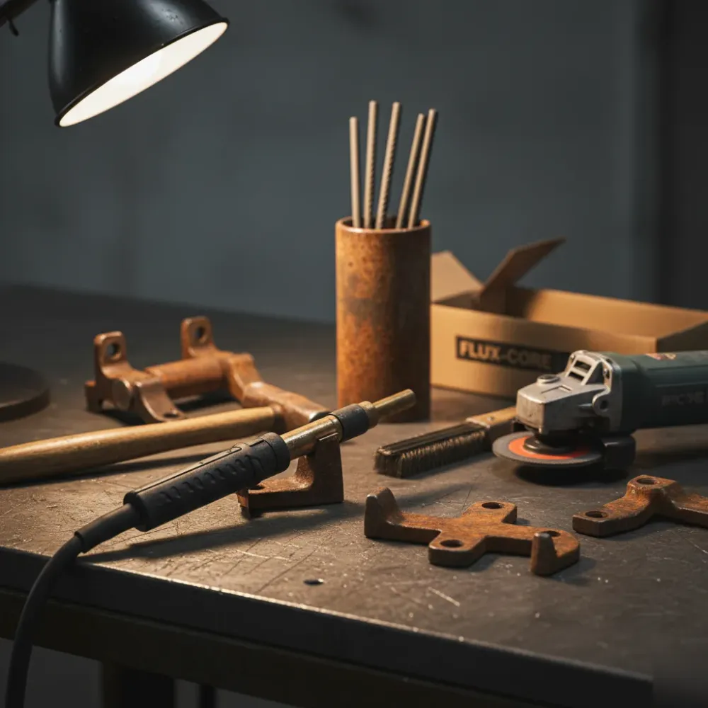 Welding torch, grinder, and rusted gate hinges arranged on a steel workbench under dramatic side-lighting.