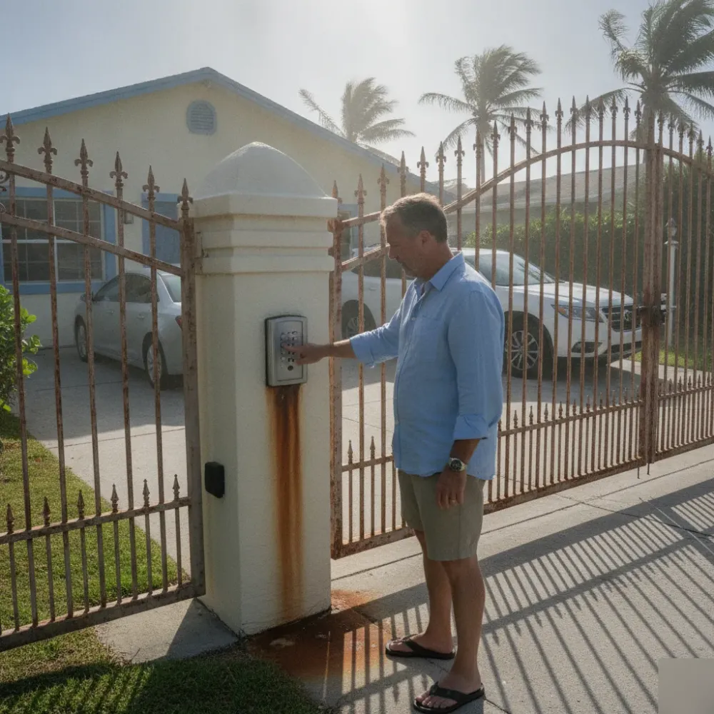 Rusted gate keypad near ocean in Hallandale Beach coastal home