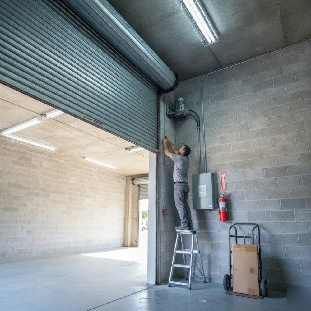 Technician straightens bent garage door track with mallet in Hallandale Beach garage