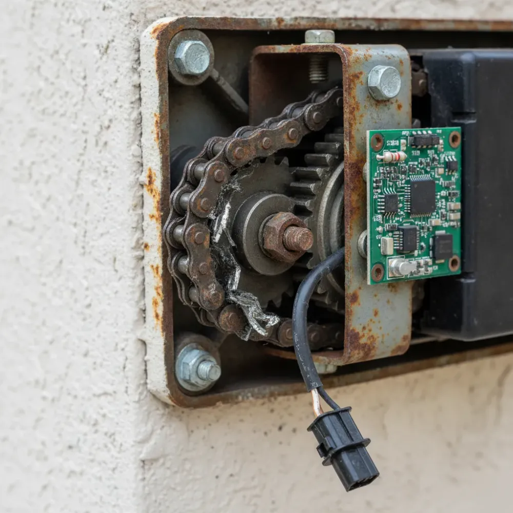 Close-up of corroded gate motor chain showing wear affecting repair cost in Hallandale Beach