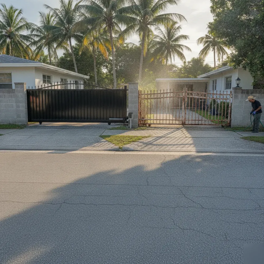 Street view comparing old and new electric gates in Hallandale Beach neighborhood