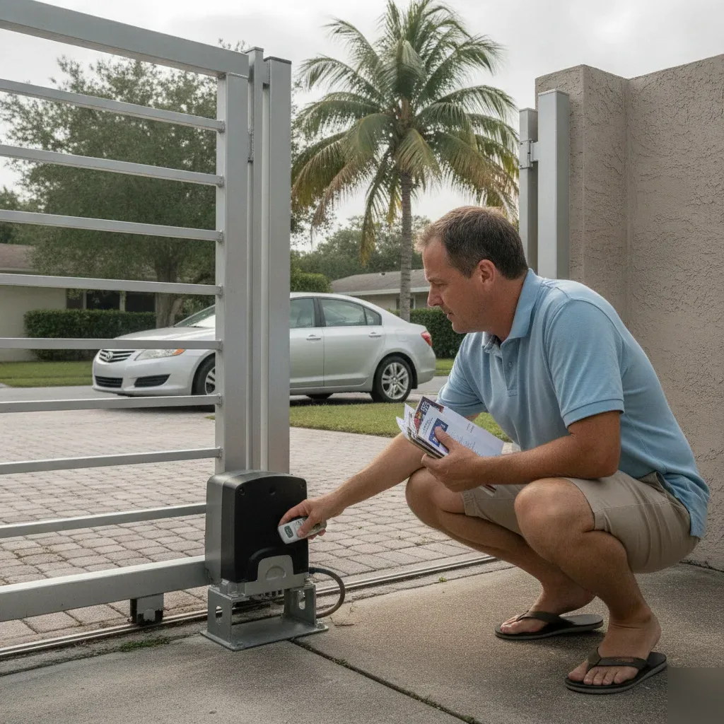 Homeowner troubleshooting stalled electric gate motor in Hallandale Beach driveway