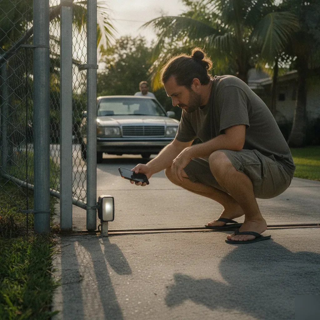 Homeowner inspecting stuck electric gate sensor in Hallandale Beach driveway