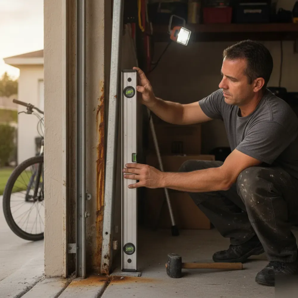 Technician inspects off-track garage door wheel and bent channel Hallandale Beach