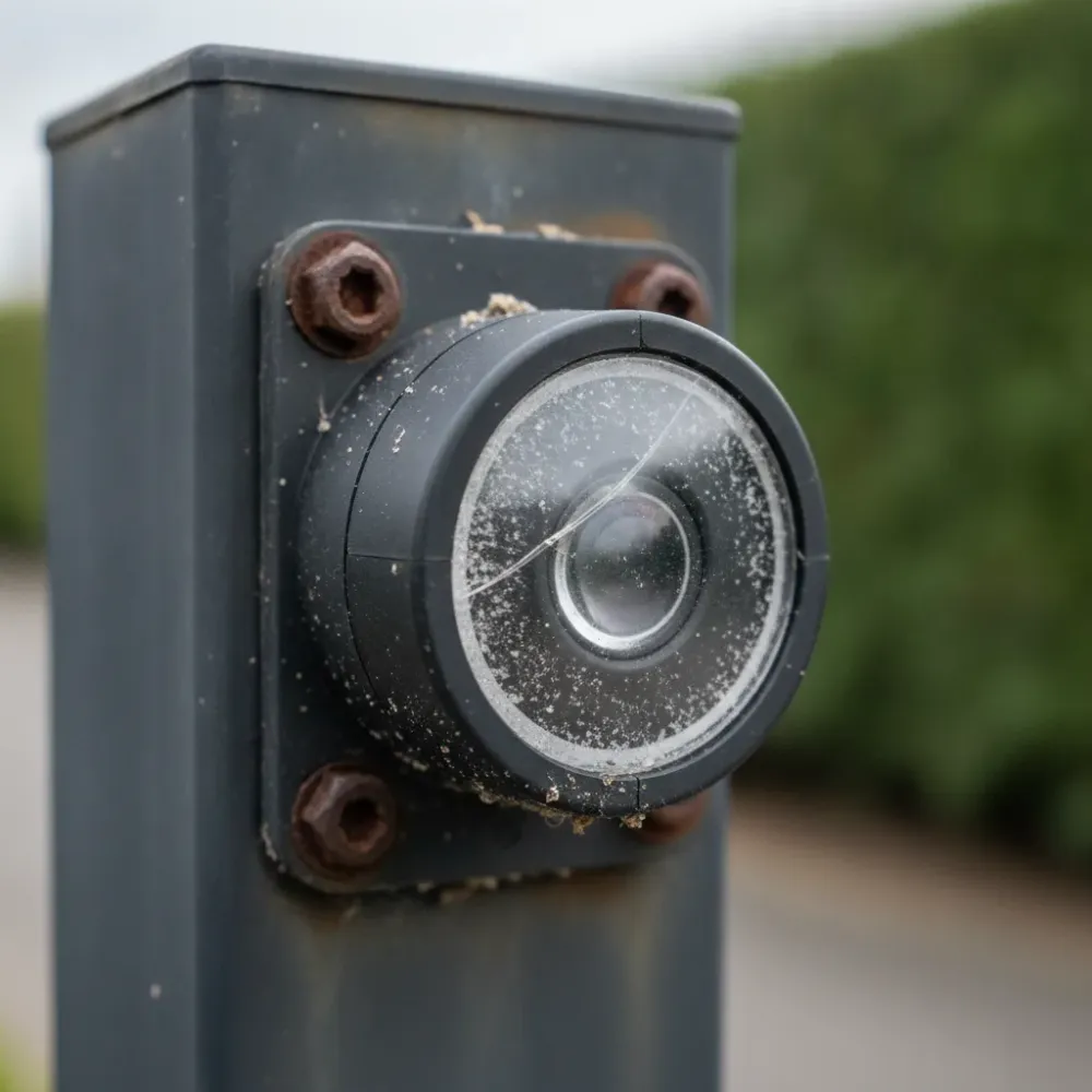 Close-up of corroded electric gate sensor lens in Hallandale Beach