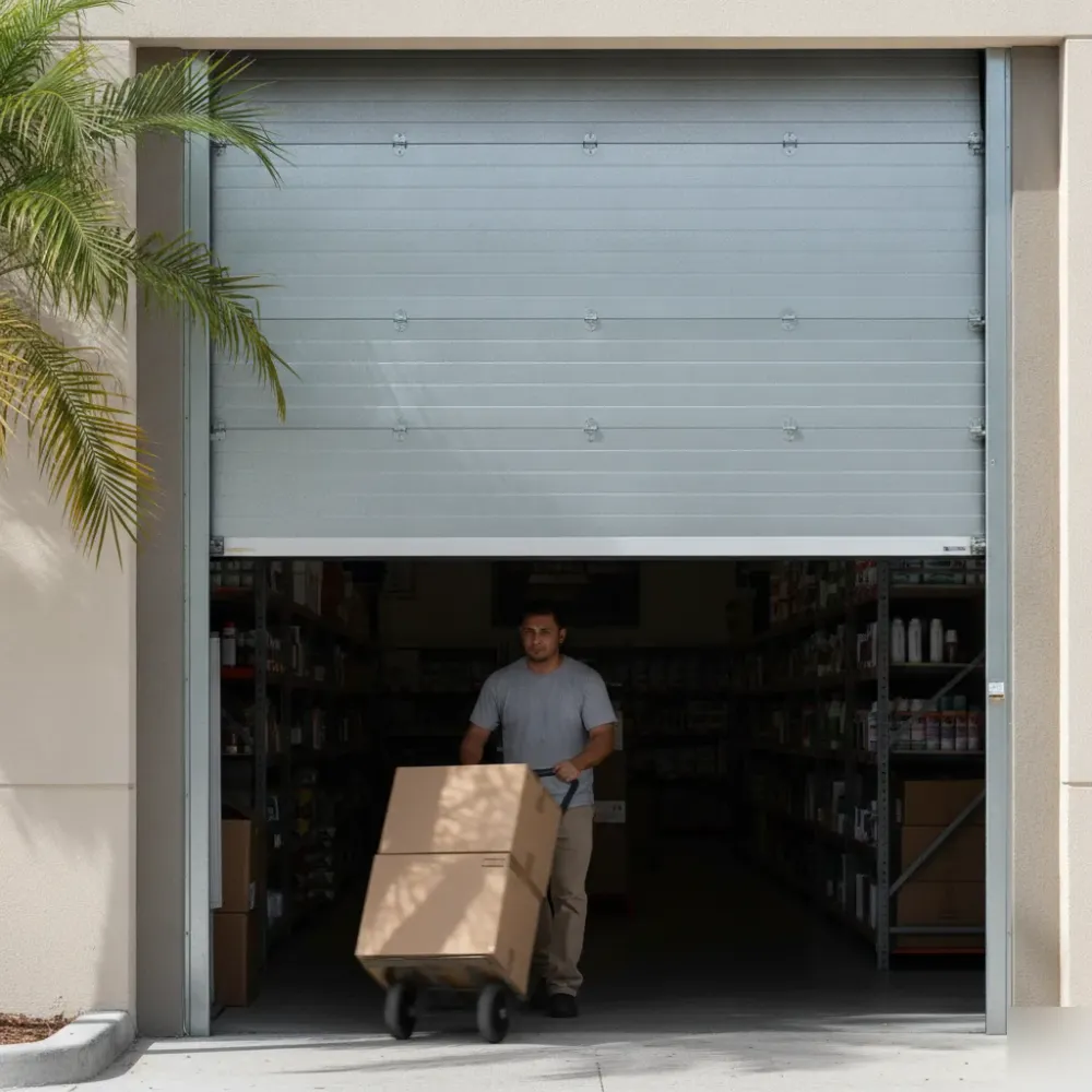 Repaired commercial garage door open for deliveries in Hallandale Beach business