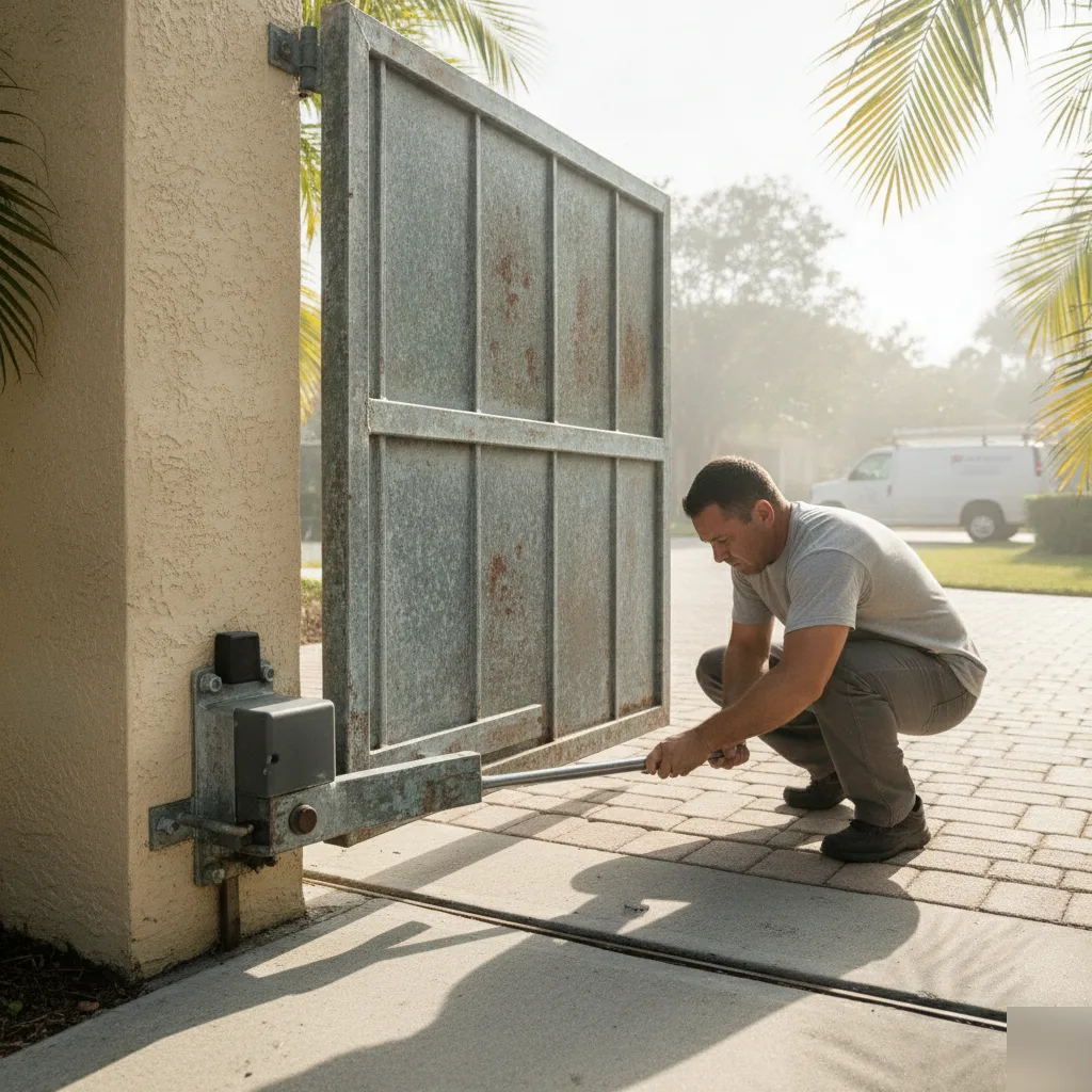 Technician repairs automatic gate motor arm during service call in Hallandale Beach