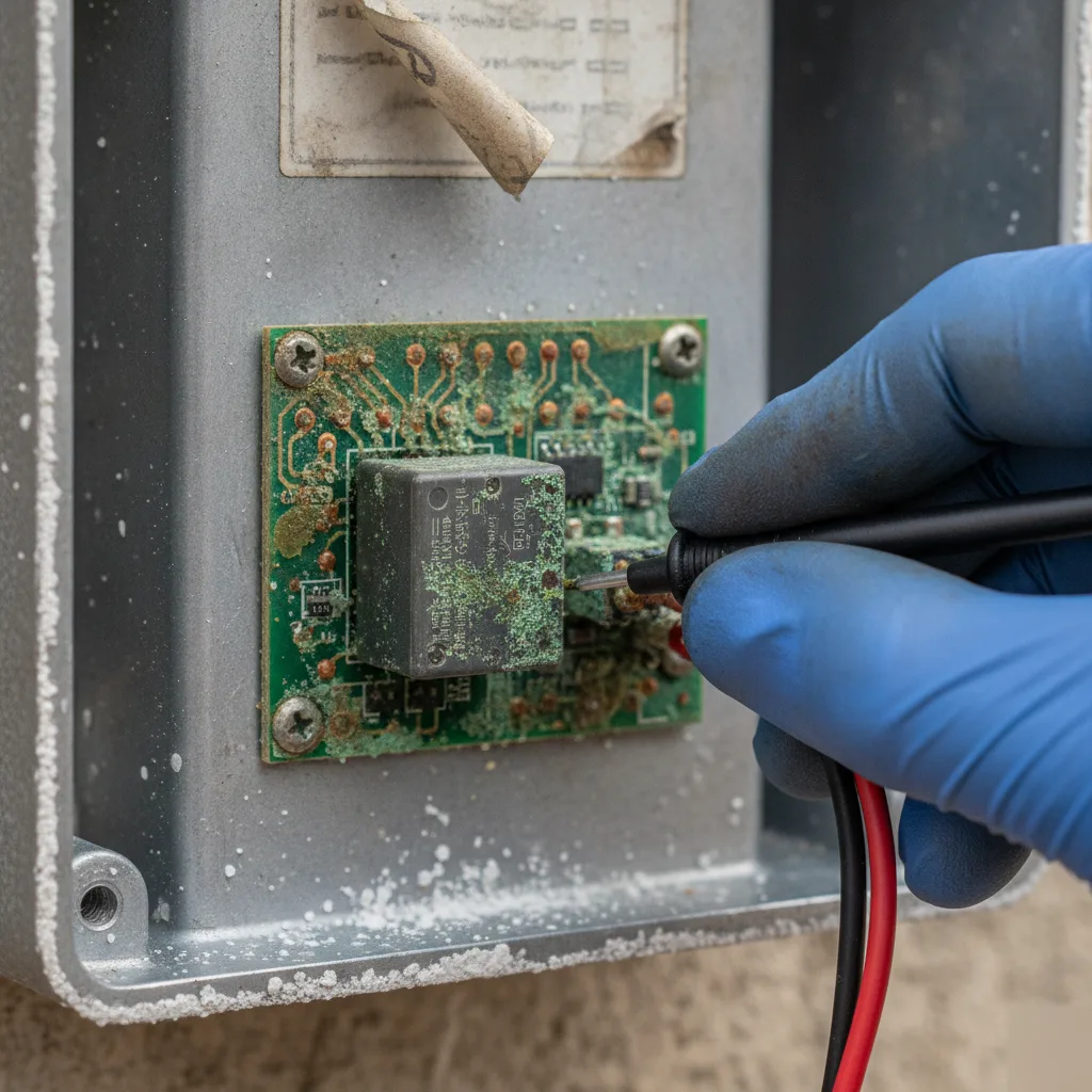 Close-up of corroded gate circuit board being tested for automatic gate repair