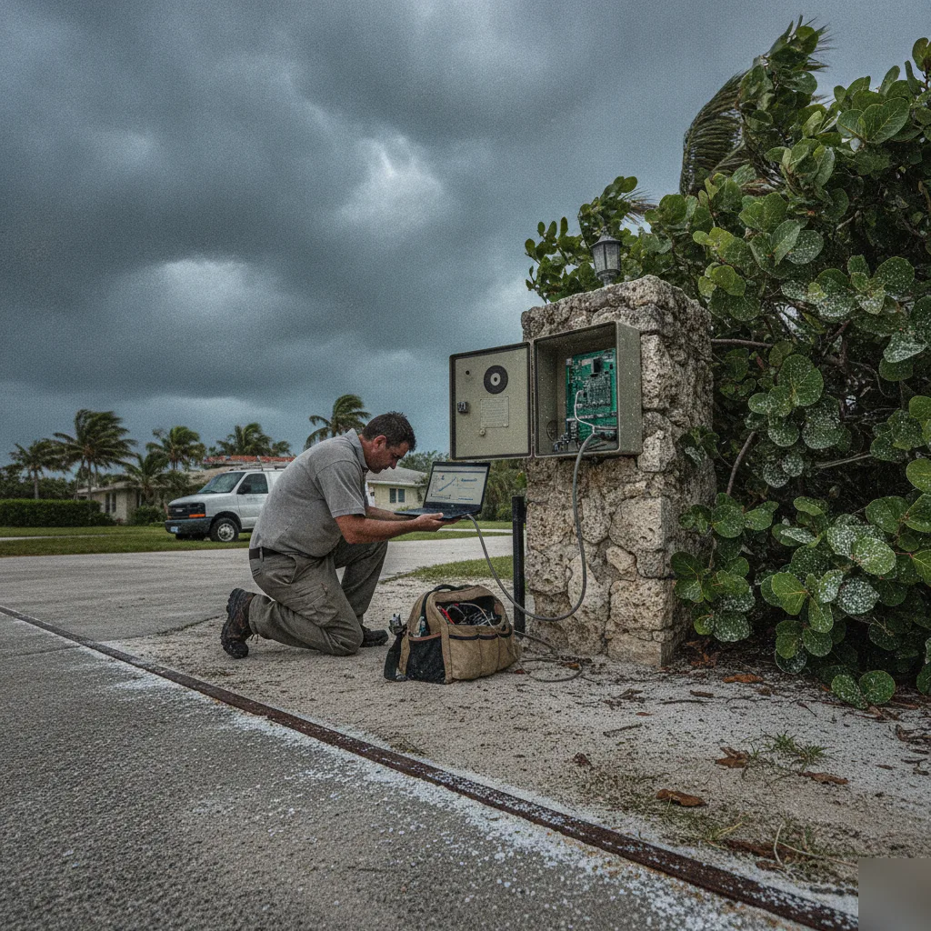 Technician runs diagnostics on gate control box before storm in Hallandale Beach