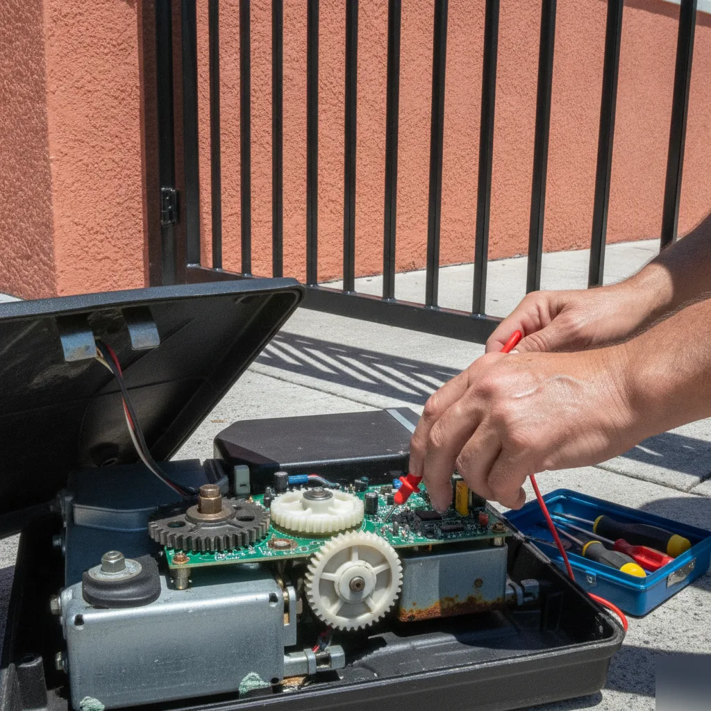 Automatic Garage Door And Gate Openers Repair And Install in Hallandale Beach | On Time Garage Door Repair 42 Technician repairing gate motor circuit board in Hallandale Beach
