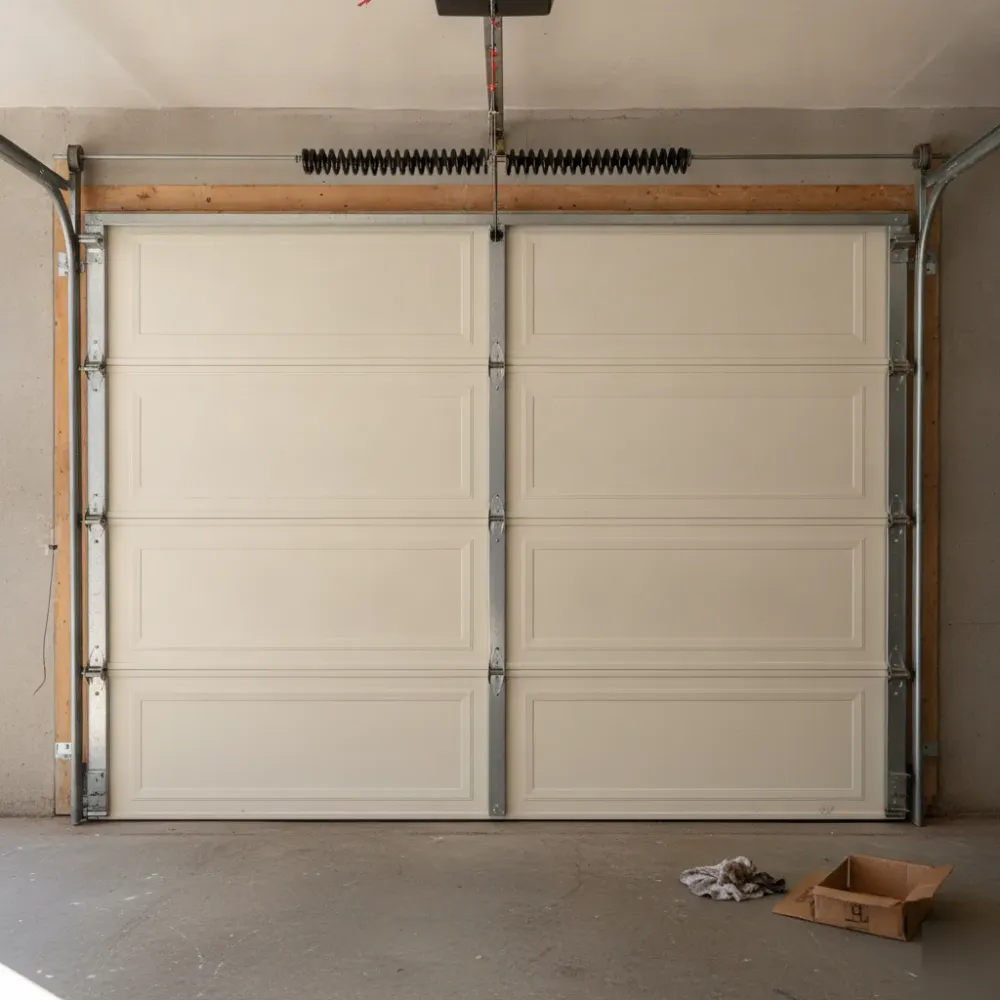 Repaired garage door with new torsion spring properly installed and aligned