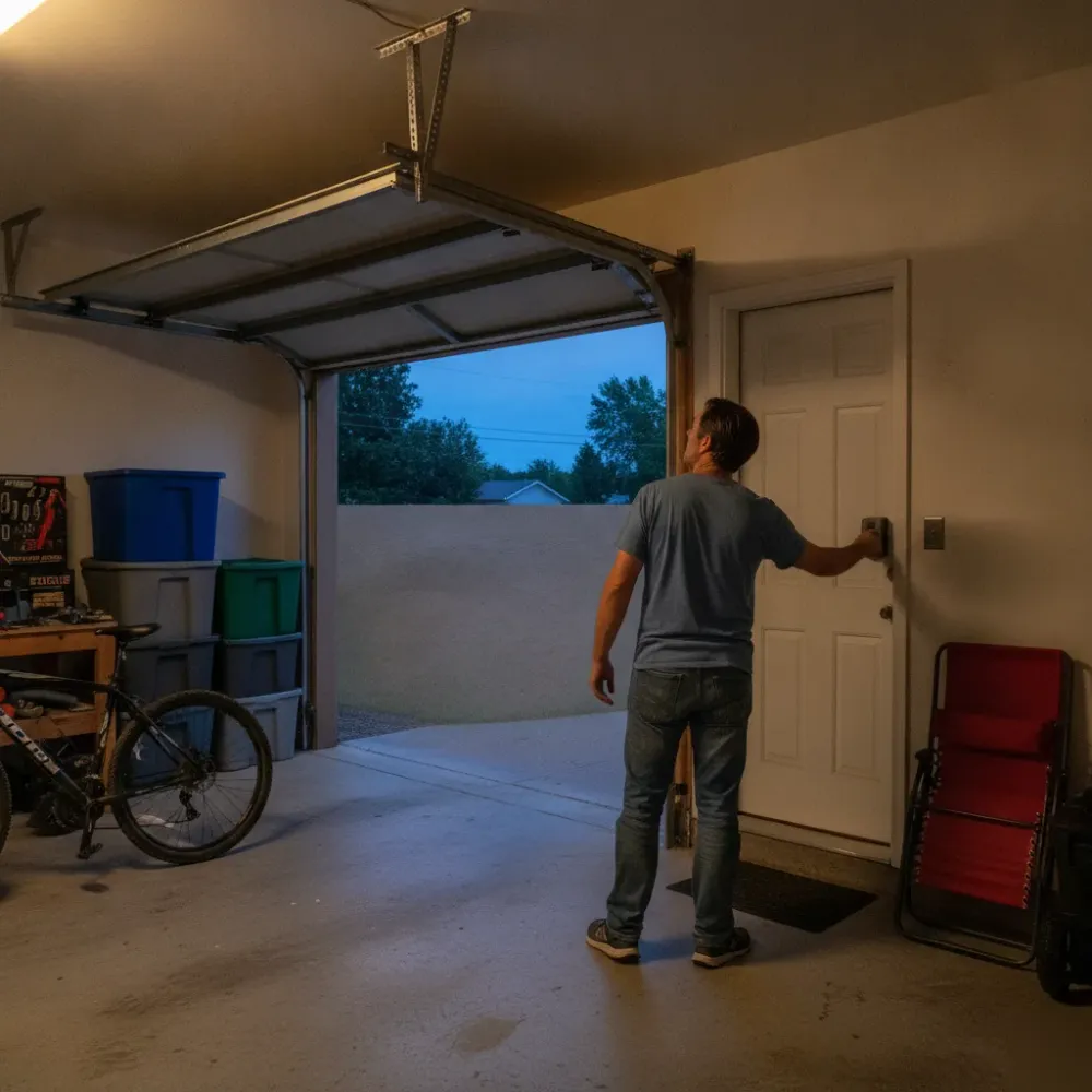 Homeowner opening garage door smoothly after spring replacement service