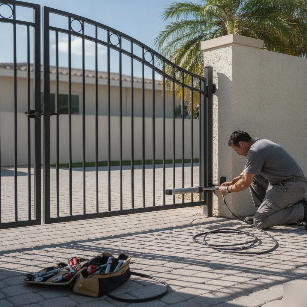 electric-gate-opener-installation-swing-gate-hallandale-beach Technician installs electric gate opener arm on driveway gate in Hallandale Beach