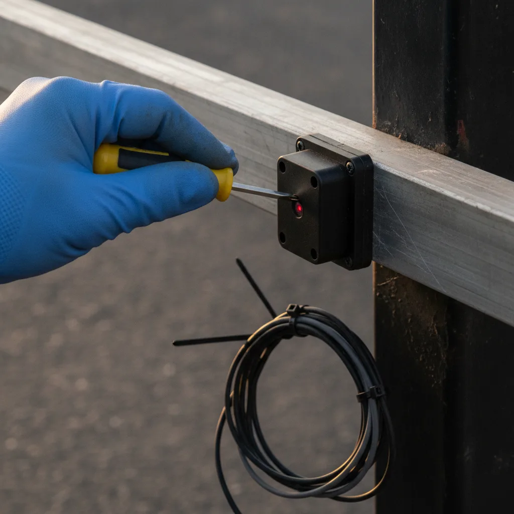 Electric Gate Opener Installation in Hallandale Beach | On Time Garage Door Repair 1 Technician wiring gate safety sensor during electric gate opener installation Hallandale Beach