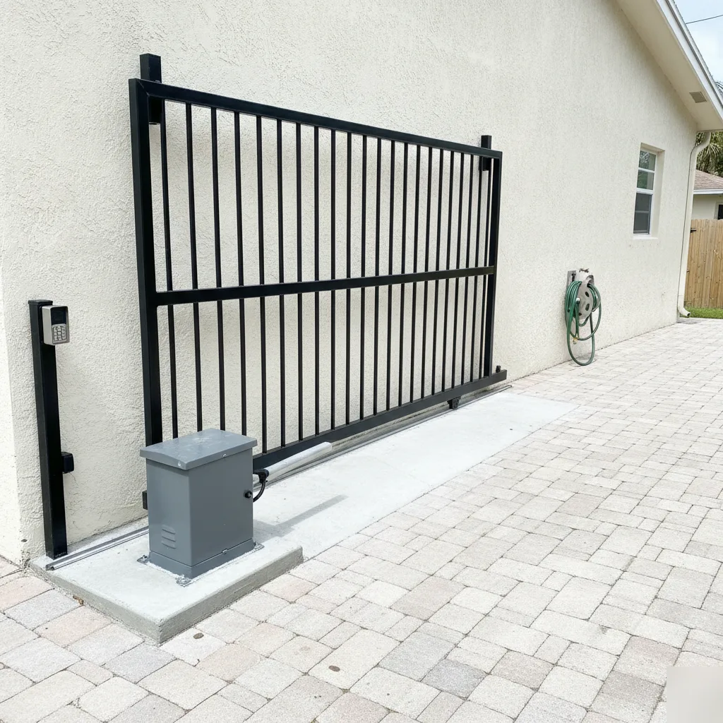 Electric Gate Opener Installation in Hallandale Beach | On Time Garage Door Repair 2 Completed slide gate opener installation on Hallandale Beach driveway