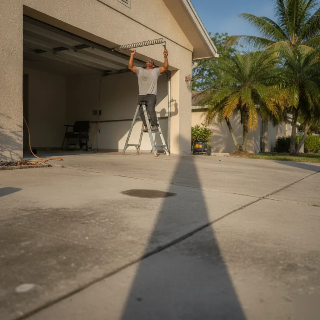 garage-door-installation-torsion-spring-hallandale-beach Worker adjusts torsion spring during garage door installation in Hallandale Beach home