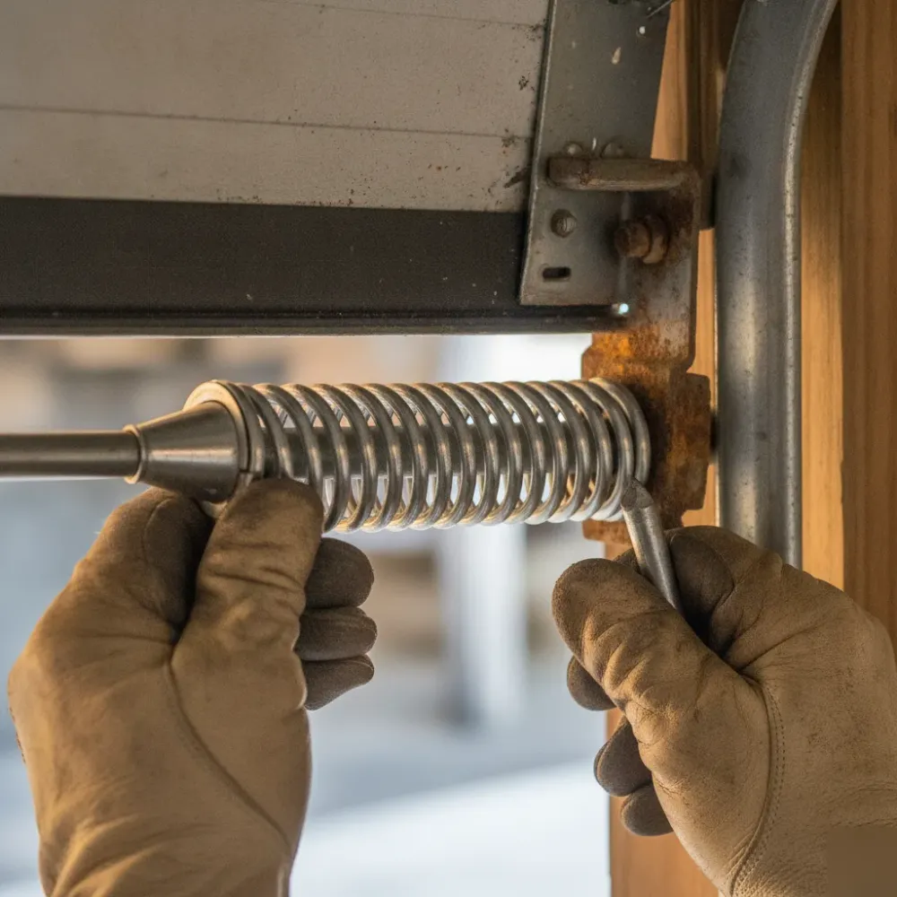 torsion-spring-winding-detail-hallandale-beach Close-up of hands winding a garage door torsion spring during installation in Hallandale Beach