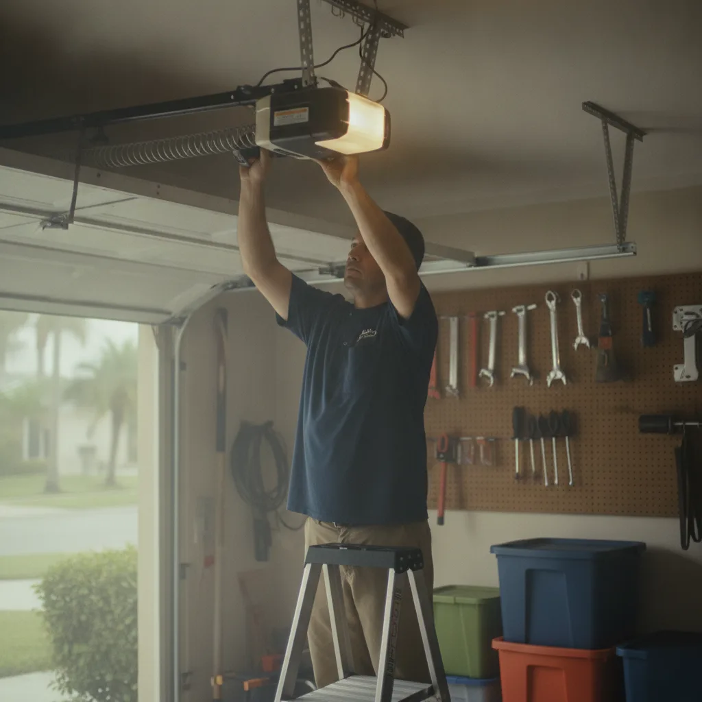 garage-door-opener-installation-ceiling-motor-hallandale-beach Technician installing garage door opener motor in Hallandale Beach residential garage
