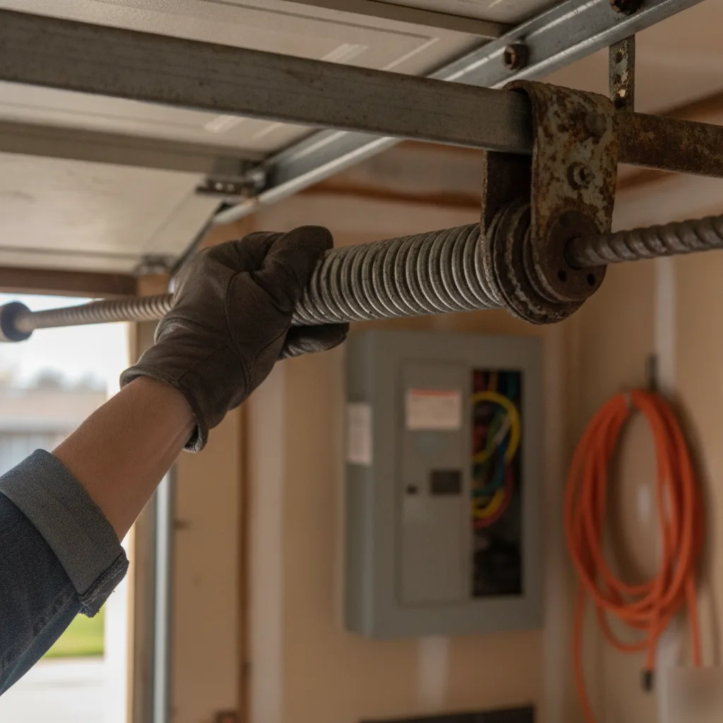 Garage Door Opener Installation Service in Hallandale Beach | On Time Garage Door Repair 1 Close-up of hand adjusting garage door torsion spring during opener installation service