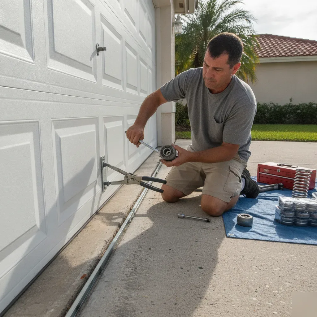 garage-door-roller-replacement-track-repair-hallandale-beach Technician replacing cracked garage door roller on track in Hallandale Beach driveway