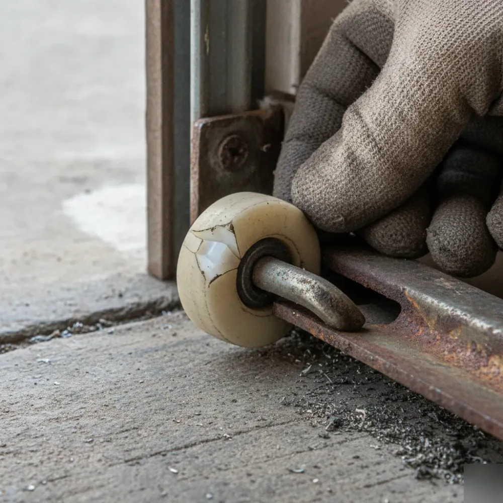 cracked-nylon-roller-closeup-garage-door-track-hallandale-beach Close-up of cracked nylon garage door roller pulled from track in Hallandale Beach