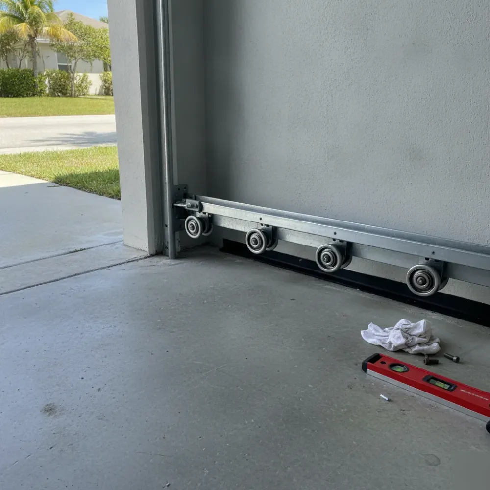 garage-door-new-steel-rollers-repaired-track-hallandale-beach Repaired garage door track with new steel rollers installed in Hallandale Beach home