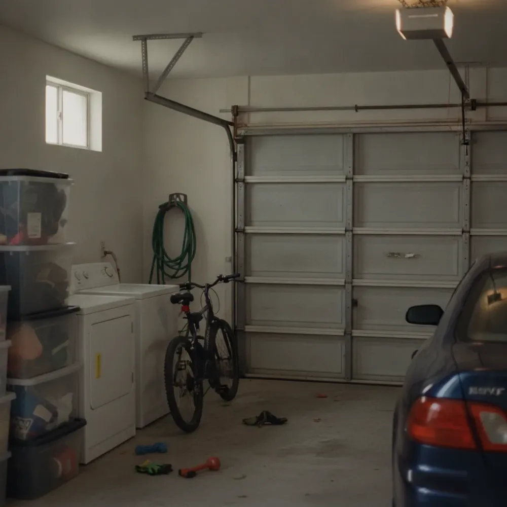 homeowner-garage-interior-repaired-door-hallandale-beach Homeowner's garage in Hallandale Beach with repaired door rollers visible overhead