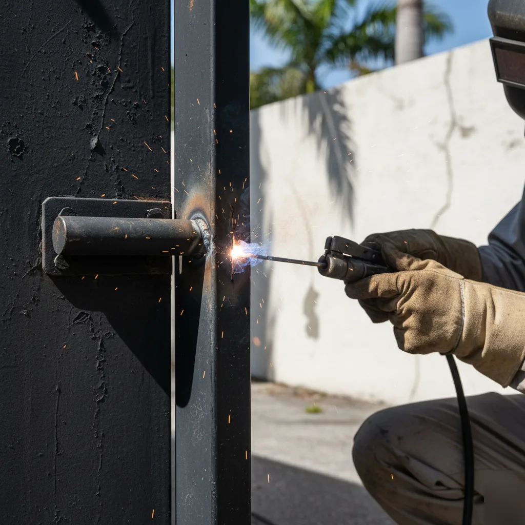 gate-hinge-welding-repair-steel-hinge-hallandale-beach Technician welds a cracked gate hinge joint on a steel gate in Hallandale Beach, Florida.