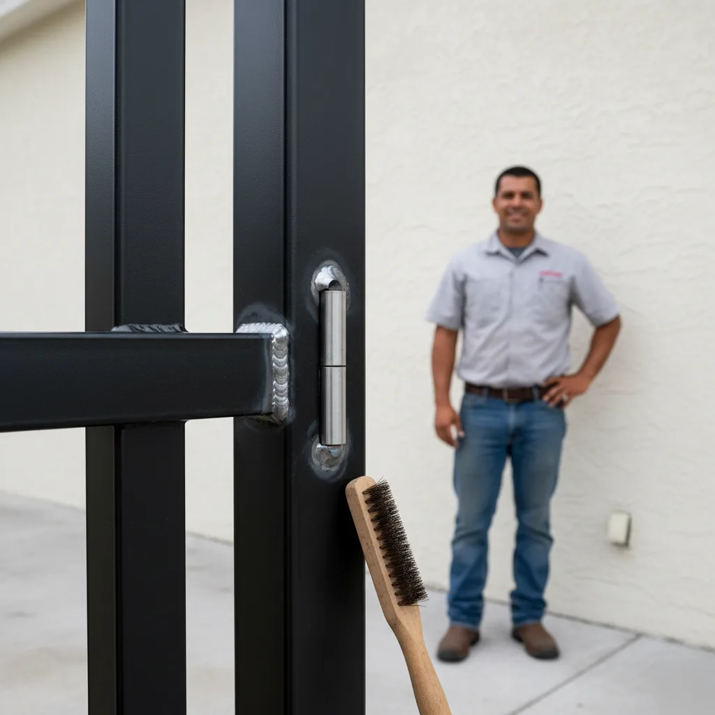 completed-gate-hinge-weld-repair-result-hallandale-beach Newly welded gate hinge with a clean silver weld bead on a steel gate hanging plumb against a cream stucco wall.