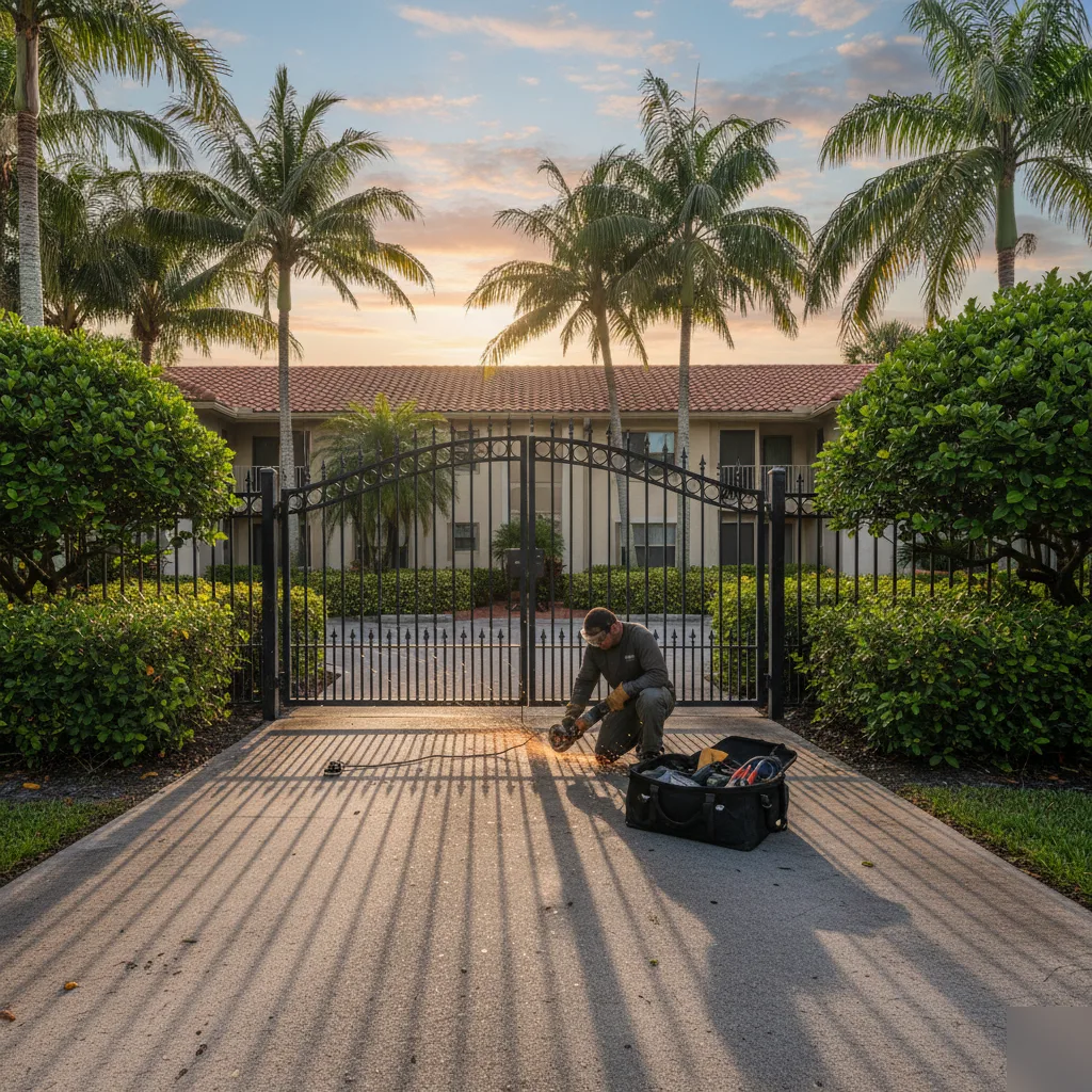 hoa-condo-gate-hinge-repair-entrance-hallandale-beach Technician grinds rust from a gate hinge at a Hallandale Beach condominium entrance under golden afternoon sunlight.