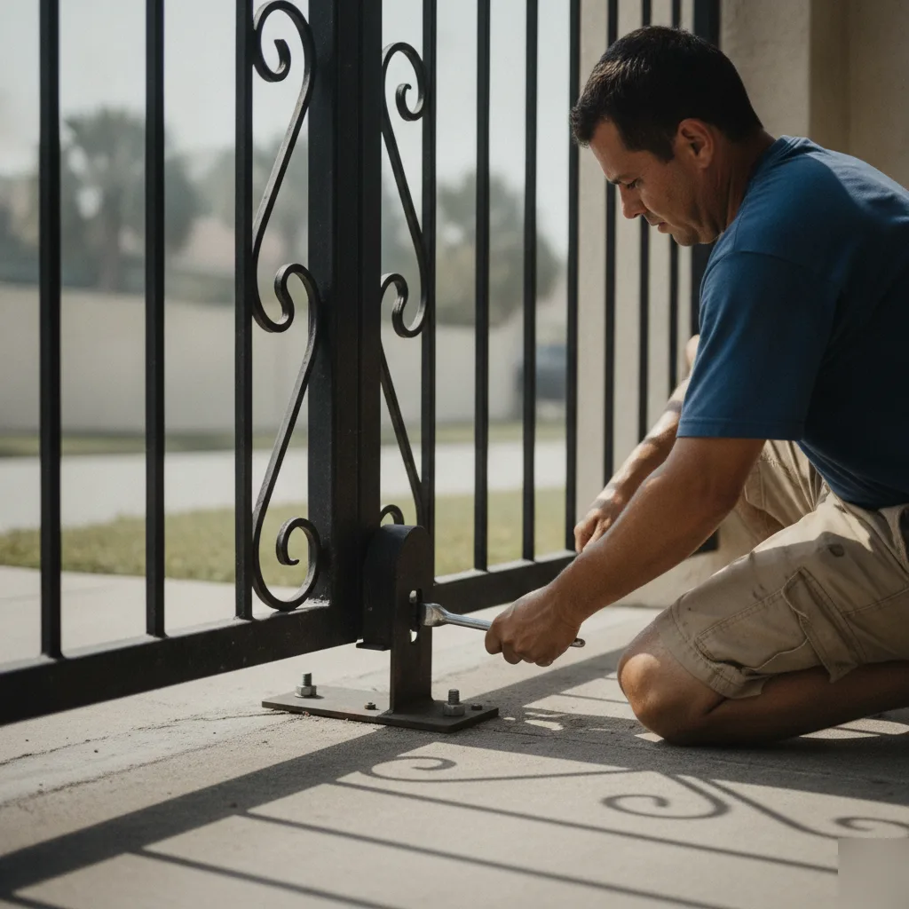 Technician repairing automatic driveway gate track in Hallandale Beach community