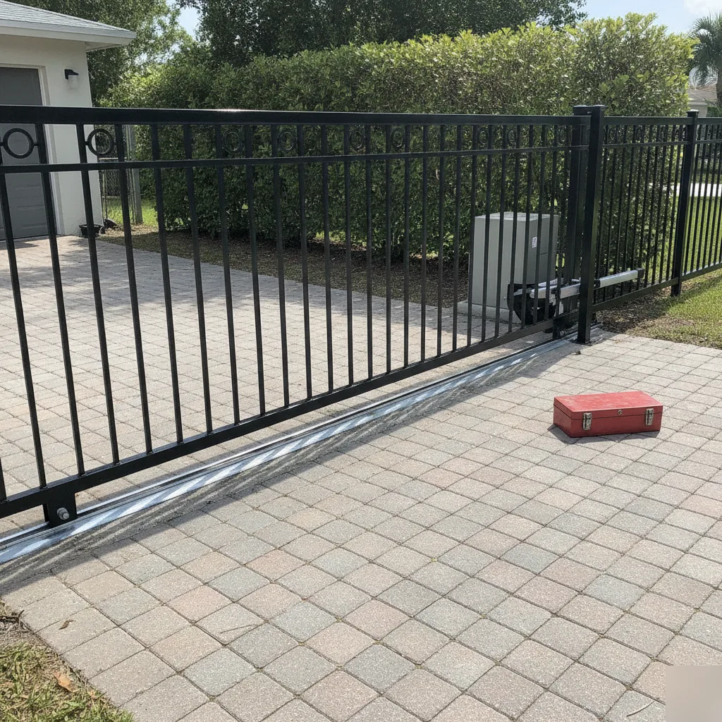 Repaired sliding driveway gate operating smoothly after Hallandale Beach service