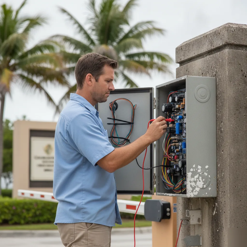 Technician inspecting corroded gate control panel at Hallandale Beach gated community