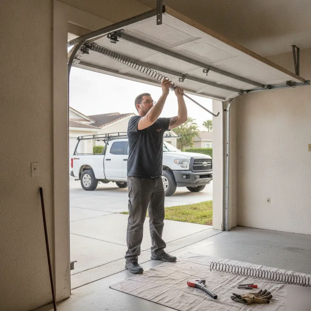 same-day-garage-door-torsion-spring-repair-hallandale-beach Technician tensioning a garage door torsion spring during same-day repair in Hallandale Beach