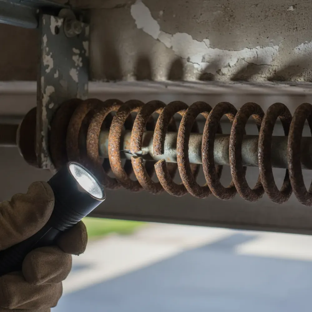 broken-torsion-spring-closeup-garage-door-hallandale-beach Close-up of a corroded broken garage door torsion spring needing same-day repair