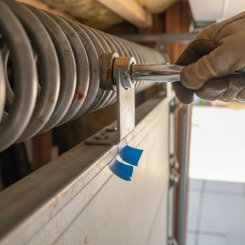 Smart Garage Door Opener Installation in Hallandale Beach | On Time Garage Door Repair 1 Close-up of garage door torsion spring during opener installation inspection